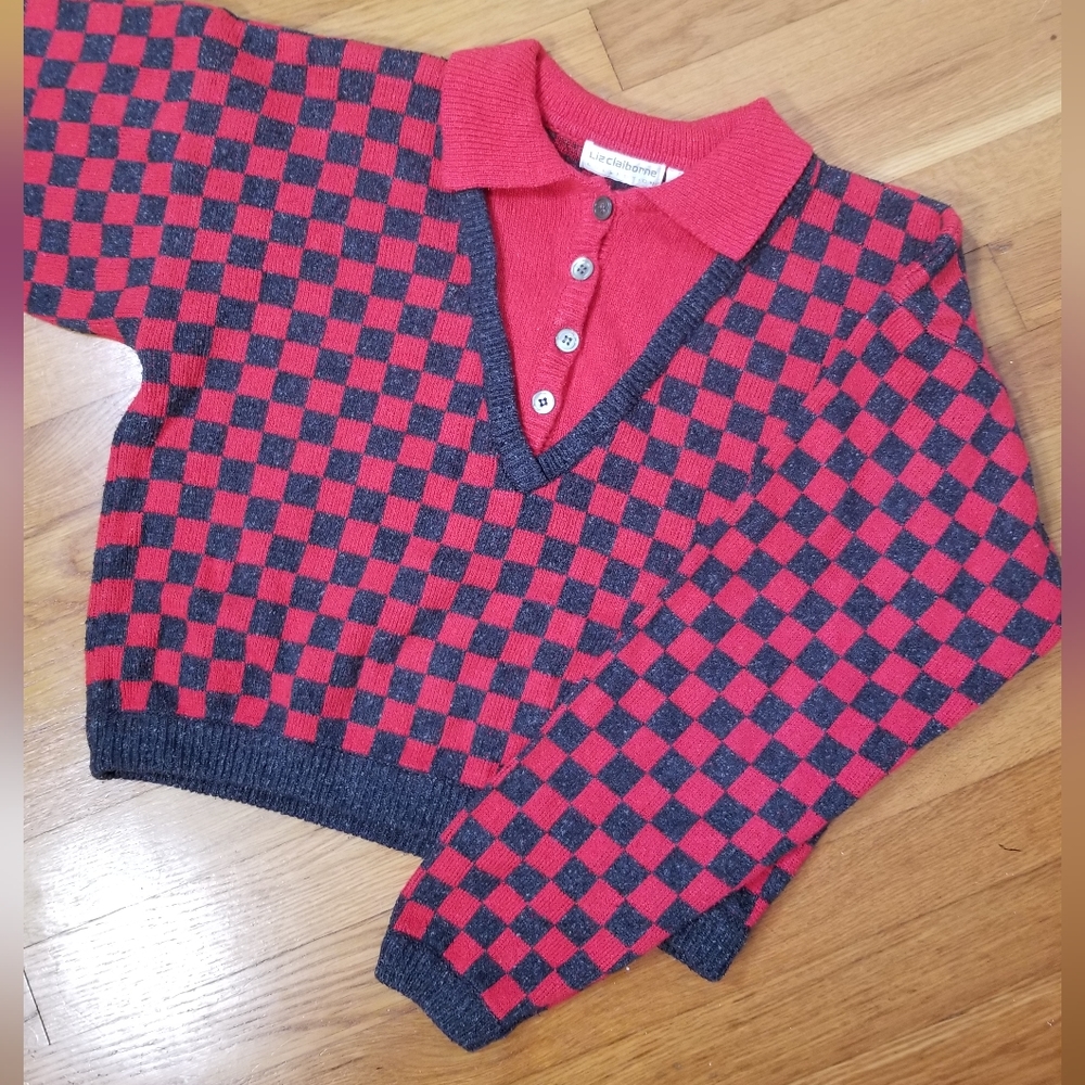Vintage Red and Gray Check Print Cropped Collared Sweater By Liz Claiborne - Med - Picture 9 of 9